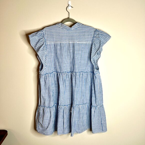 Free People Blue White Striped Starfish Button Front Mini Ruffle Dress Sz Large - Picture 6 of 6